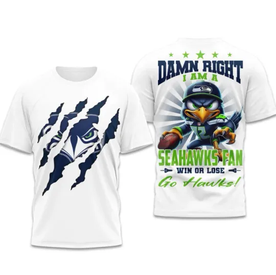 Discover Damn Right I Am A Seahawkss Super B.owl 2026 Fan Win Or Lose Go Hawks Shirt