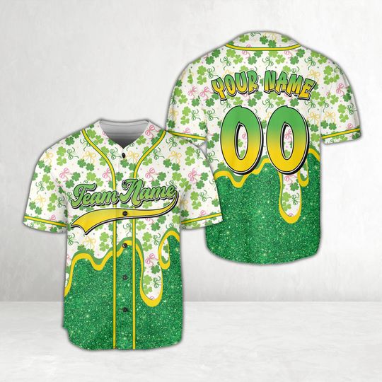Dripping St Patrick Baseball Jersey, Custom Name Lucky Shamrock Charm, Personalized Irish Holiday Gift, Clover, Green Beer Drip Jersey