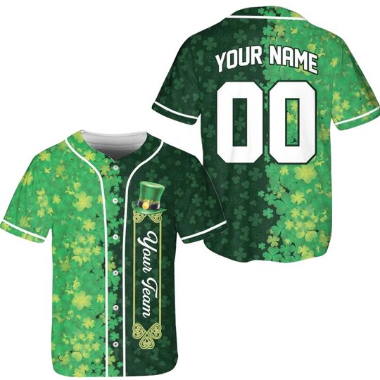 Custom St Patricks Day Baseball Jersey Shirt, Green Shamrock Button Up, Personalized Name & Number, Irish Team Spirit Gift, for Men Women