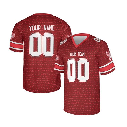 Discover Personalized Couples Football Jersey Red | Valentine's Day Heart Pattern Design | Custom Name & Number