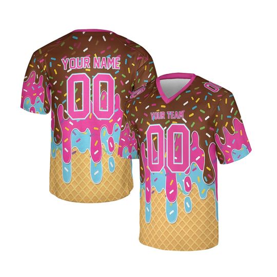 Discover Personalized Couples Football Jersey Pink | Valentine's Day Ice Cream Drip Design | Custom Name & Number