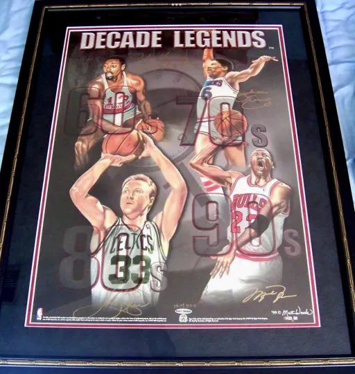 Discover Michael Jordan Wilt Chamberlain Bird Dr J signed UDA Decade Legends litho