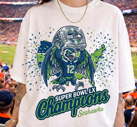 Discover Seattle Football 2026 Champion T Shirt | Hawk Mascot Victory Ring | 12th Fan Unisex Football Tee