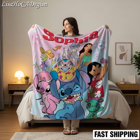 Discover Custom Name Blue Alien Cartoon Blanket, Personalized Cute Cartoon Throw Blanket, Custom Name Kids Blanket, Cozy Gift for Children