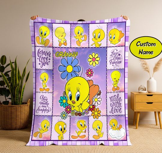 Personalized Tweety Bird Fleece Blanket, Custom Name Tweety Blanket, Gift Kid, Cartoon Blanket, Birthday gift for Kid