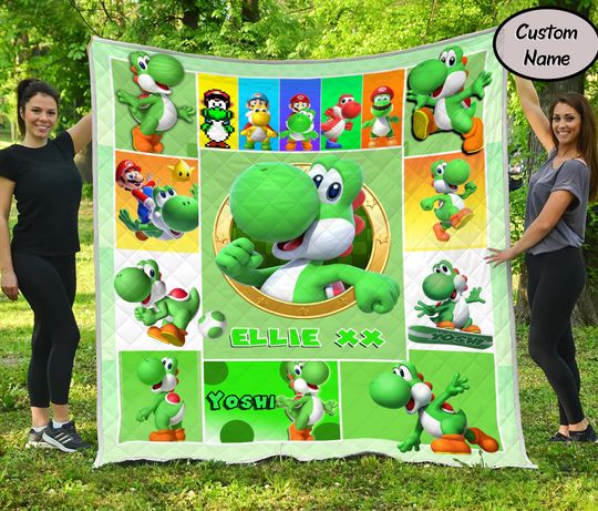 Personalized Yoshi Blanket, Cartoon Yoshi Blanket, Custom Name Mario Blanket, Super Mario Birthday Kid Gift, Christmas Gift Kid