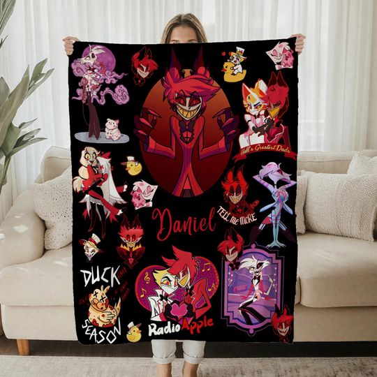 Discover Personalized Hazbin Hotel Name Blanket, Custom Cartoon Character Throw, Anime Style Blanket, Alastor Hazbin Fan Gift