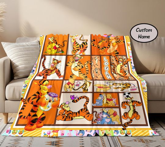 Discover Personalized Tigger Quilt Blanket, Custom Name Pooh Tigger Fleece Blanket, Gift Kid, Cartoon Quilt Blanket, Birthday gift for Kid