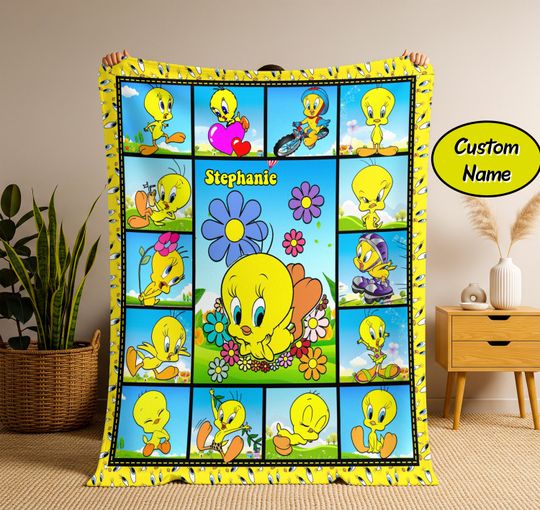 Personalized Tweety Bird Fleece Blanket, Custom Name Tweety Blanket, Gift Kid, Cartoon Blanket, Birthday gift for Kid