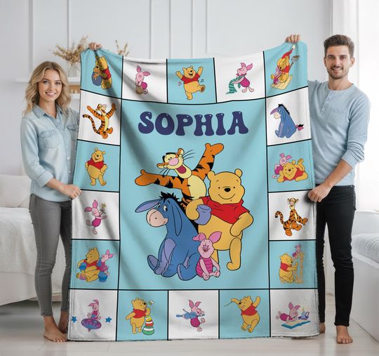 Discover Personalized Winnie the Pooh Baby Blanket, Custom Name Baby Gift, Soft Nursery Throw, Baby Shower Gift, Cute Cartoon Baby Blanket