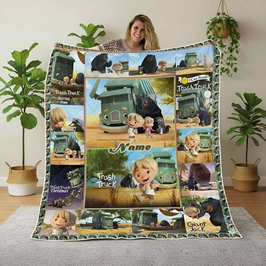 Custom Trash Truck Fleece Blanket, Custom Kid Cartoon Blanket, Soft Fleece/Sherpa Blanket, Home Decor, Bedding And Sofa Blanket