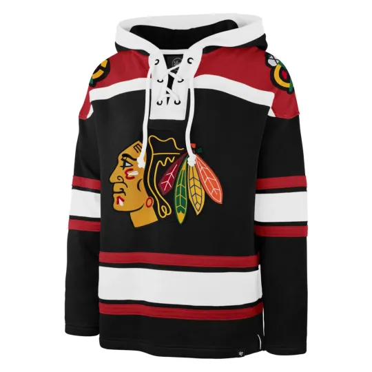 Discover '47 Brand Chicago Blackhawks Black/Red Primary Logo Lacer Hoodie