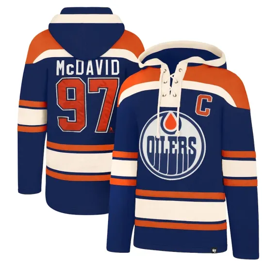 Discover Men's Edmonton Oilers Connor McDavid '47 Royal Player Lacer Pullover Hoodie NHL
