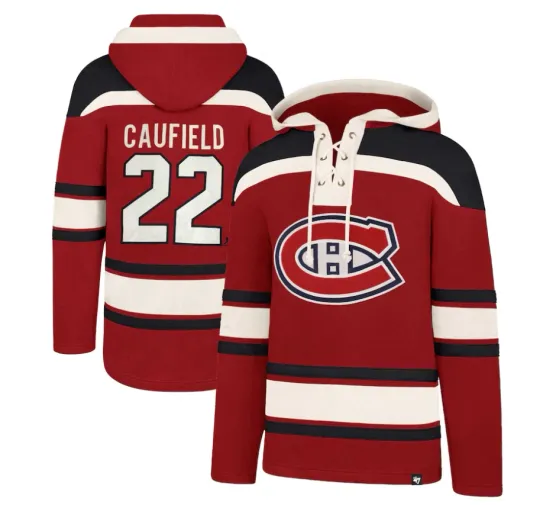 Discover Men's Montreal Canadiens Cole Caufield '47 Red Lacer Name Number Pullover Hoodie