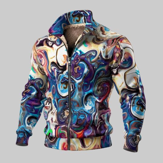 Graffiti Blue - Men's Thick Knit Fleece Jacket: Blue black tan red multicolor spirals