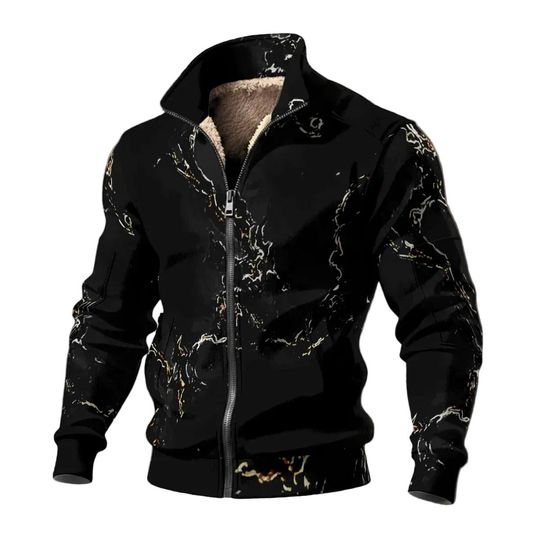 Pitch Black Desert Marble - Men's Thick Knit Fleece Jacket: White beige gold