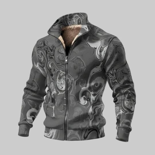 Gray Chrome - Men's Thick Knit Fleece Jacket: Gray white silver black abstract spirals