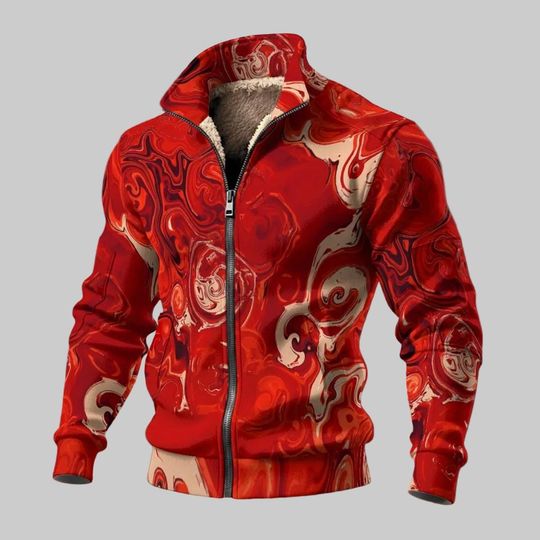 Strawberry Cream Soda - Men's Thick Knit Fleece Jacket: Red beige black white spirals