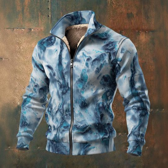 Blizzard Mountain - Men's Thick Knit Fleece Jacket: Blue gray white black abstract marble