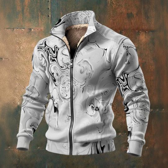 White Chrome - Men's Thick Knit Fleece Jacket: White silver black gray spirals
