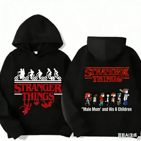 Potdemiel 3-12Y Stranger Things “Male Mom” and Her 6 Kids Print Casual Sports Hoodie for Boys Girls