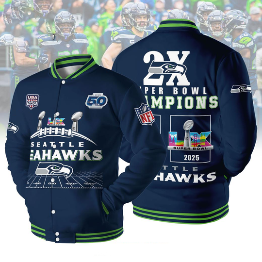Discover Seattle Seahawks Super Bowl 2X 2013-2026 Blue Baseball Jacket
