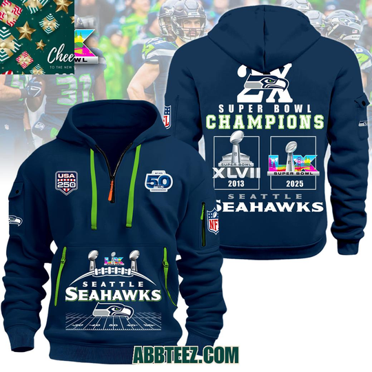 Seattle Seahawks Super Bowl 2X 2013-2026 Blue Quarter Zip Hoodie