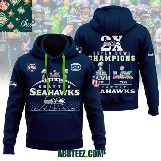Discover Seattle Seahawks Super Bowl 2X 2013-2026 Blue 3D Hoodie