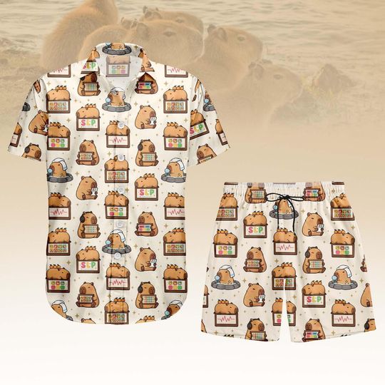 Discover Cute Sloth Hawaiian Shirt and Shorts Set, Cartoon Button Shirt, Men’s Vacation Outfit, Novelty Gift for Him
