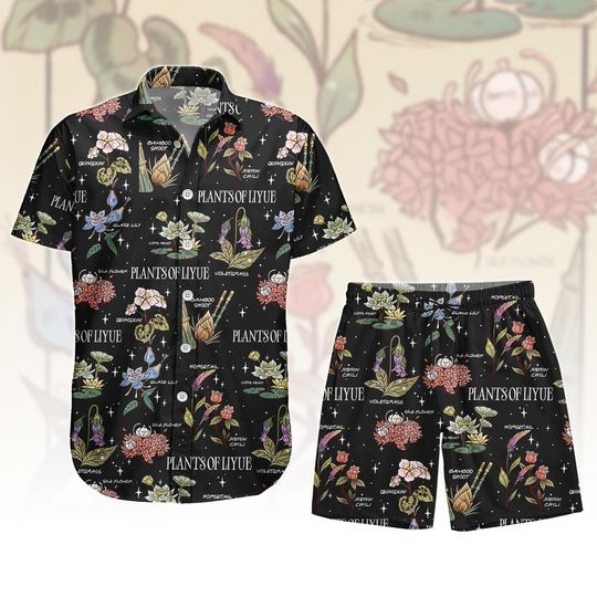 Discover Liyue Hawaiian Shirt with Botanical Print, Floral Men's Shorts, Vacation Outfit for Men