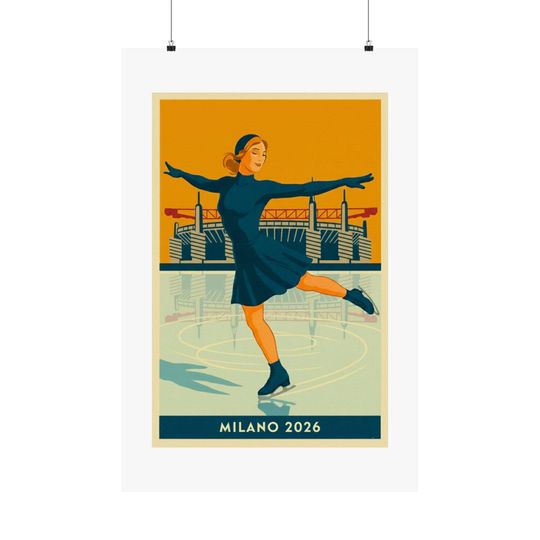 Discover Art Deco Female Figure Skater Poster | Milano 2026 Vintage Travel Style