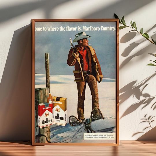 Discover Vintage Marlboro Ad Poster, 1971 Print, Cowboy Room Decor