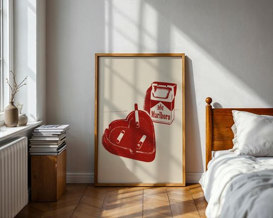 Discover Retro Cigarette & Heart Ashtray Art Print Edgy Red Minimalist Poster for Dorm Room or Apartment Trendy Grunge Aesthetic Marlboro Wall Decor