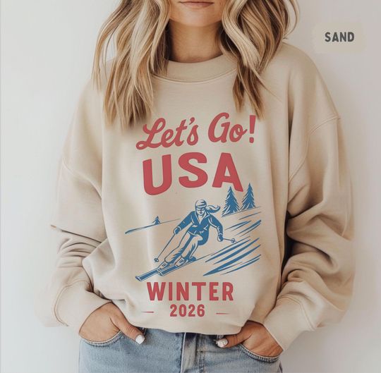 Discover Let's Go USA Ski Sweatshirt, Winter 2026 Patriotic Retro Skiing, Vintage Distressed Unisex Crewneck, Ski Trip,  Aprs Ski Gift