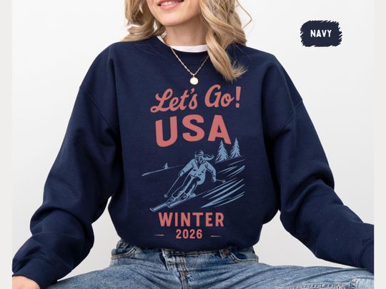 Discover Let's Go USA Ski Sweatshirt, Winter 2026 Patriotic Retro Skiing, Vintage Distressed Unisex Crewneck, Ski Trip,  Aprs Ski Gift