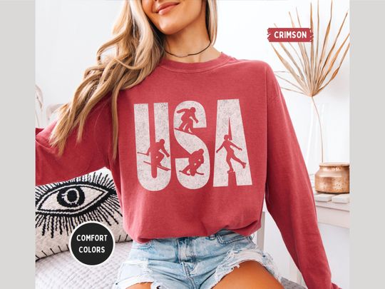 Discover USA Winter Sports 2026 Distressed Long Sleeve, Comfort Colors 1604, Skier Snowboarder Skater,  Vintage Athletic Graphic, Unisex Multi-Color