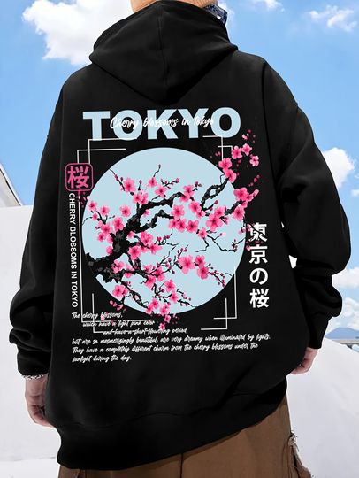 Discover New Fashion Men's Autumn Cherry Blossom Letter Printed Soft and Comfortable Hoodie Outdoor Street Style Top