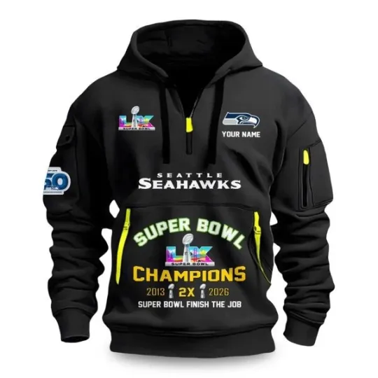 Discover Seahawkss Champions 2026 Super B.owl Finish The Job Quarter Zip Hoodie