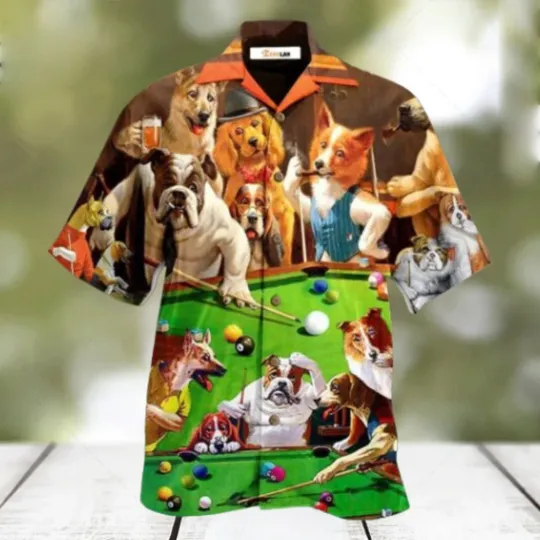 Discover Dogs Billiard Playing Pool Hawaiian Shirt