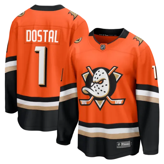 Discover Anaheim Ducks Lukas Dostal #1 Fanatics Orange Home Breakaway NHL Jersey