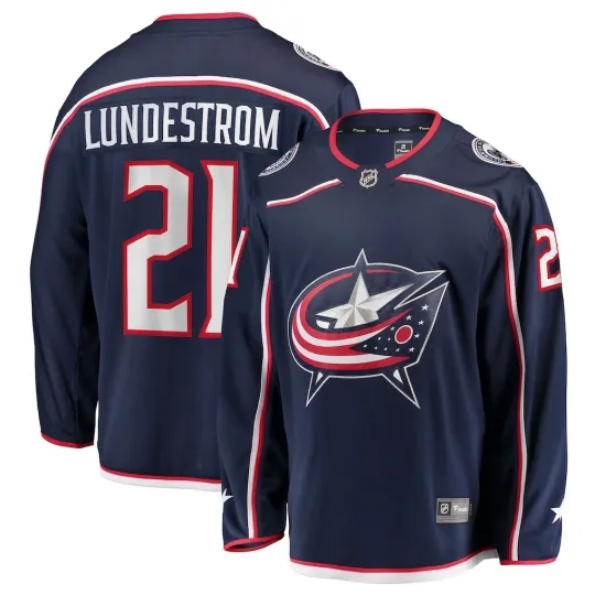 Discover Columbus Blue Jackets Isac Lundestrom Fanatics Navy Home Breakaway NHL Jersey