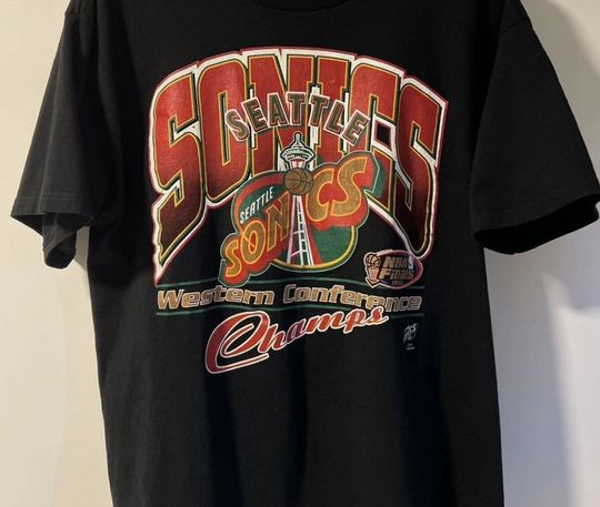 Discover Vtg Seattle Supersonics 90s Logo Champs T shirt black tee Basketball Team reprin