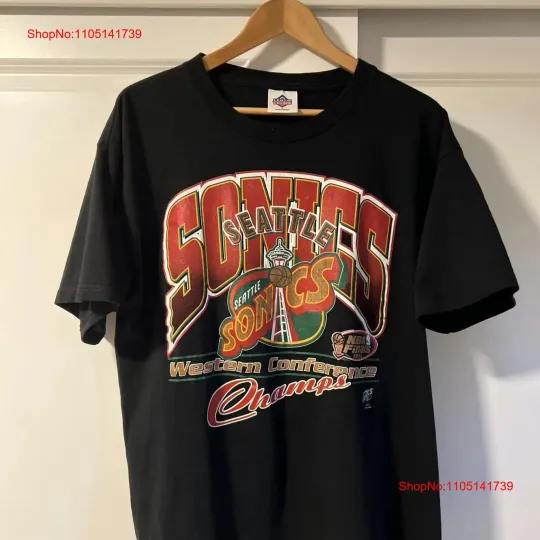 Discover Vtg Seattle Supersonics 90s Logo Champs T shirt black tee Basketball Team vintage Washed Stylish Soft fashion Slightly