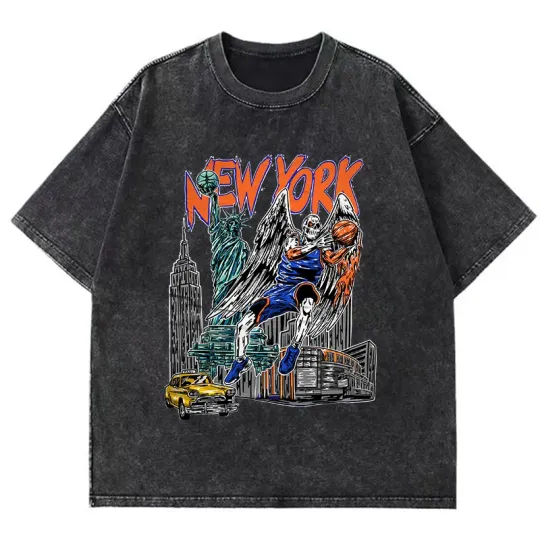 Discover American Vintage T-Shirt Men Women New York Basketball Player Clothing Skeleton Wings Build T Shirts Street Washed Worn T-Shirts