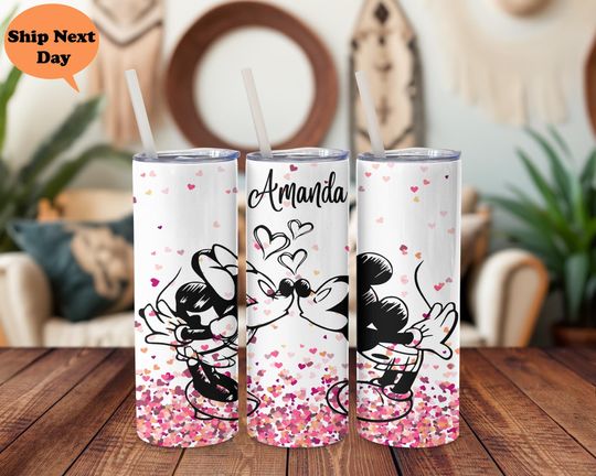 Discover Valentine Couple Mickey & Minnie Kiss 20oz Tumbler with Lid and Straw