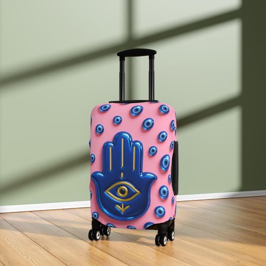 Discover Pink Evil Eye Hamsa Hand Luggage Cover, Good Luck Travel Gift