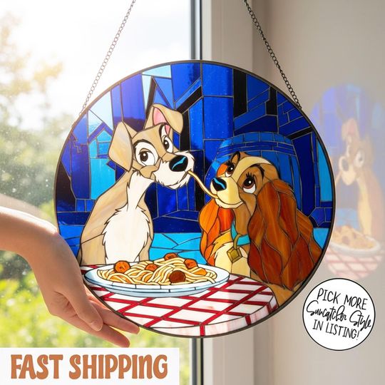 Discover Lady and the Tramp Stained Glass Suncatcher - Disney Window Decor - Vintage Disney Art for Home & Living