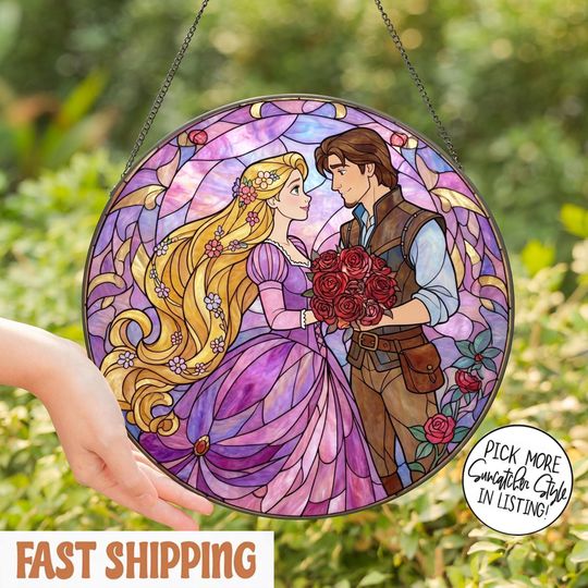 Discover Rapunzel & Flynn Rider Valentine Suncatcher, Tiffany Style Stained Glass Window Hanging, Disney Love Decor