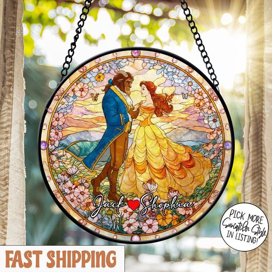 Discover Personalized Beauty and The Beast Stained Glass Suncatcher Ornament, Custom Couple Names, Disney Themed Gift for Anniversary