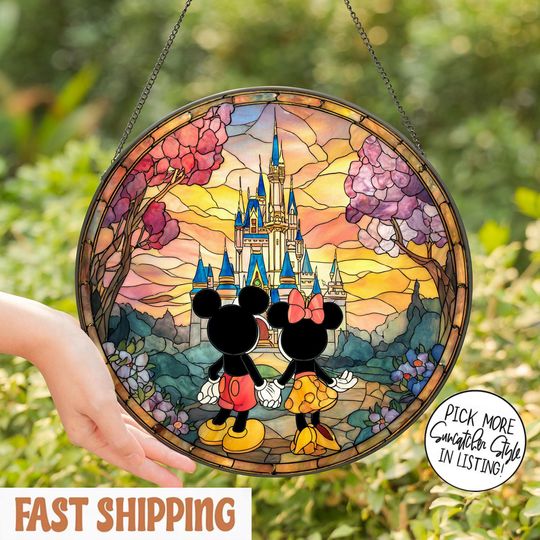 Mickey and Minnie Valentine Stained Glass Suncatcher, Disney Couple Decor, Anniversary Gift